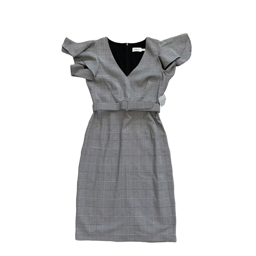 Preppy Eliza J Glen Plaid Ruffle Sleeve Sheath Dress 8 Career Belted Workwear - Picture 2 of 6